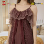 Elegant Lace Layered Nighty – Premium Soft Net Sleepwear (Mauve Brown) - Image 8