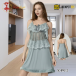 Elegant Lace Layered Nighty – Premium Soft Net Sleepwear (Sage Green)