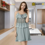 Elegant Lace Layered Nighty – Premium Soft Net Sleepwear (Sage Green) - Image 2