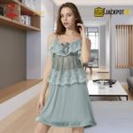 Elegant Lace Layered Nighty – Premium Soft Net Sleepwear (Sage Green) - Image 3