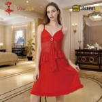 Elegant Lace Panel Nighty – Premium Red Satin Sleepwear