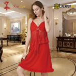 Elegant Lace Panel Nighty – Premium Red Satin Sleepwear - Image 2