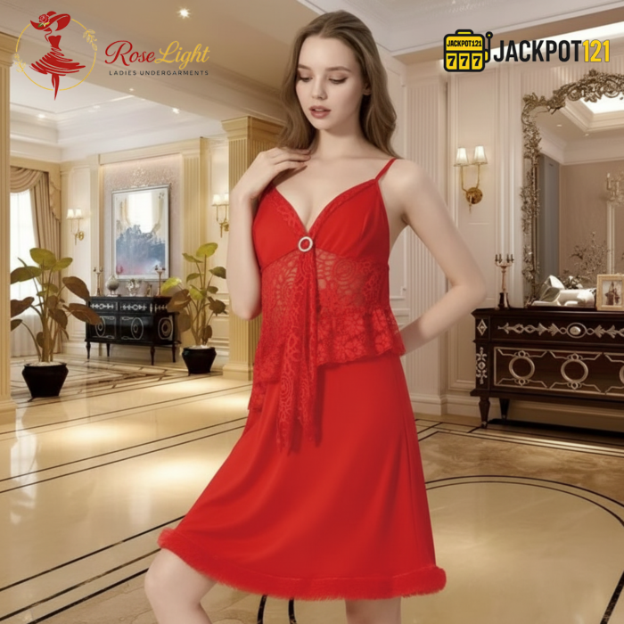 Elegant Lace Panel Nighty – Premium Red Satin Sleepwear - Image 3