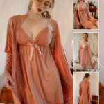 Four Piece Silk Gown Nighty – Elegant Lace Set (Tea Pink)