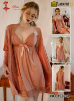 Four Piece Silk Gown Nighty – Elegant Lace Set (Tea Pink)
