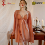 Four Piece Silk Gown Nighty – Elegant Lace Set (Tea Pink) - Image 3