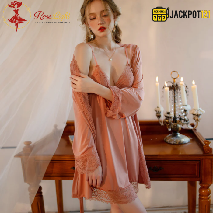 Four Piece Silk Gown Nighty – Elegant Lace Set (Tea Pink) - Image 4