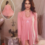 Lace Spliced V-Neck Camisole Nighty with Robe – 2 Piece Set