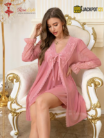 Lace Spliced V-Neck Camisole Nighty with Robe – 2 Piece Set - Image 3