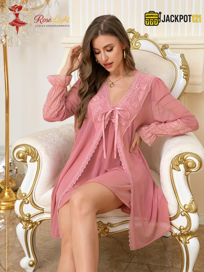 Lace Spliced V-Neck Camisole Nighty with Robe – 2 Piece Set - Image 3