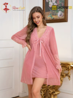 Lace Spliced V-Neck Camisole Nighty with Robe – 2 Piece Set - Image 5