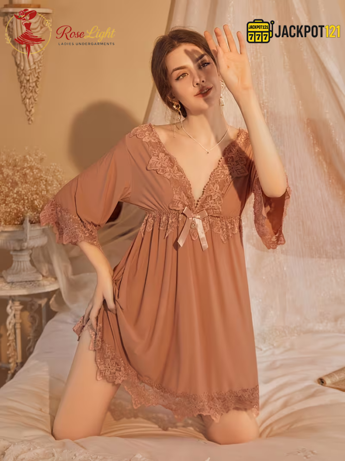 Sexy Lace V-Neck Bow Nightgown – Elegant Soft Lace Sleepwear - Image 17