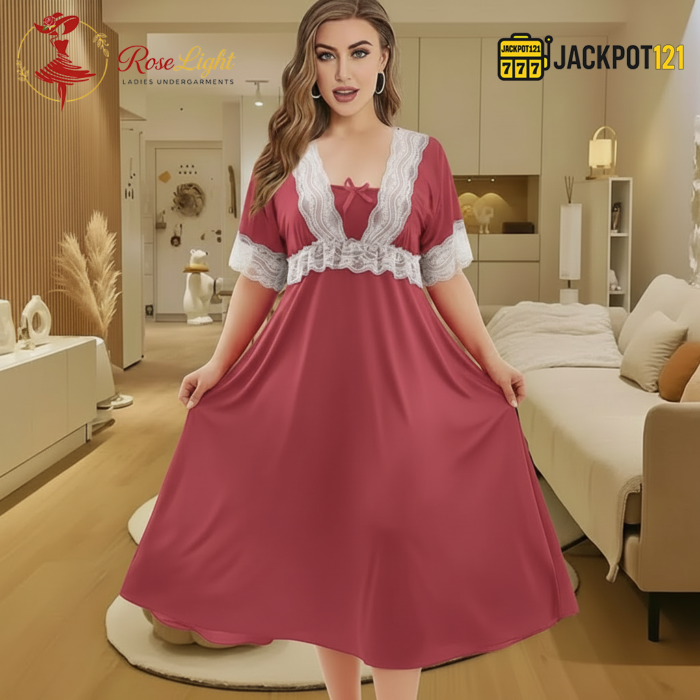 Elegant Lace Contrast Satin Nighty – Soft Comfort Luxury Wear - Image 16