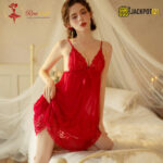 Double Lace Deep V-Neck Backless Nighty – 2 Piece Set - Image 2