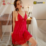 Double Lace Deep V-Neck Backless Nighty – 2 Piece Set - Image 4