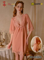 Sexy Lace V-Neck Bow Nightgown – Elegant Soft Lace Sleepwear