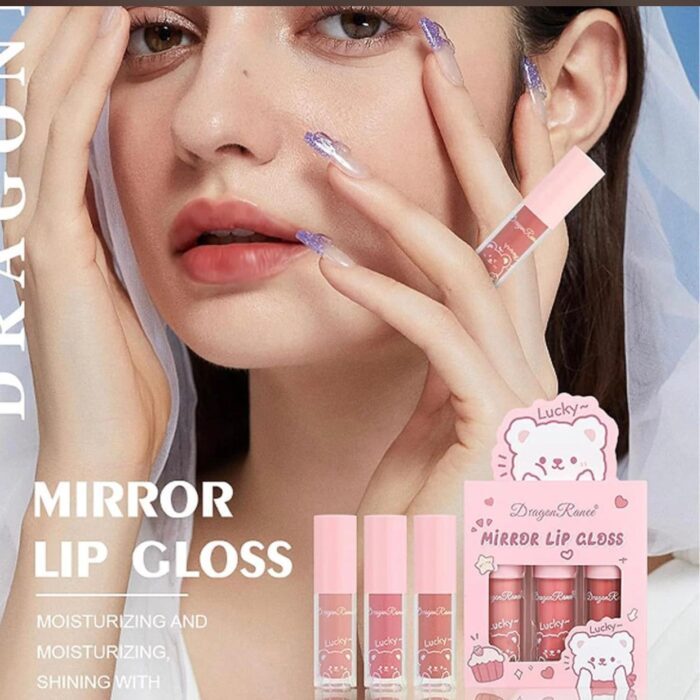 Dragon Ranee Mirror Lip Gloss 3Pcs Set 3pcs/set Small Bottle Moisturizing Lip Gloss Set Mirror Moisturizing Pearl Cartoon Box Long-lasting Soft Glossy Cosmetics - Image 2