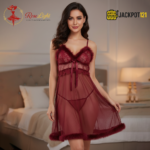 Women’s Sexy Lace Baby Doll Nighty – Wine Red - Image 3