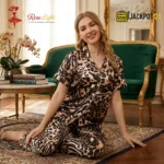 Cheeta Print Button Up Pajama Set Sleepwear – Luxury Satin Lounge Set - Image 2