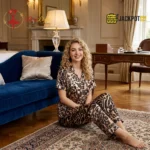 Cheeta Print Button Up Pajama Set Sleepwear – Luxury Satin Lounge Set - Image 3