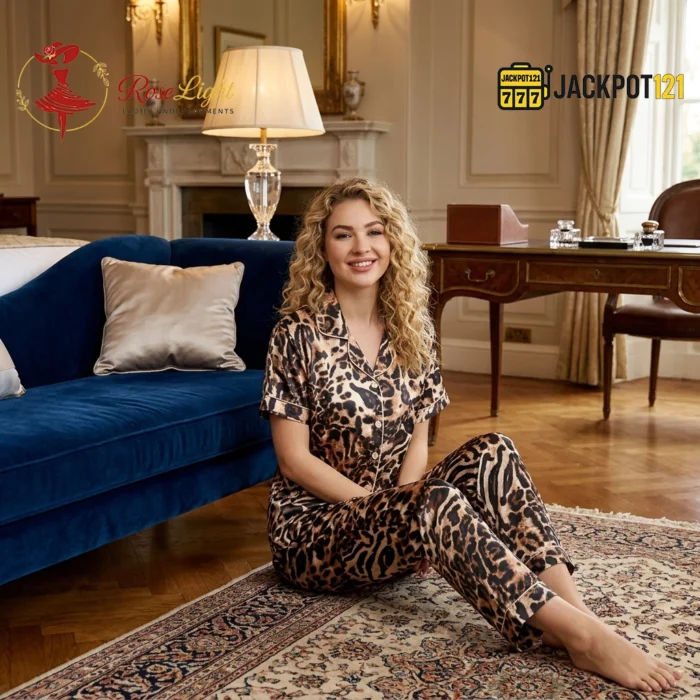 Cheeta Print Button Up Pajama Set Sleepwear – Luxury Satin Lounge Set - Image 3