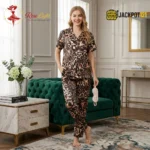 Cheeta Print Button Up Pajama Set Sleepwear – Luxury Satin Lounge Set - Image 7