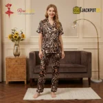 Cheeta Print Button Up Pajama Set Sleepwear – Luxury Satin Lounge Set - Image 8
