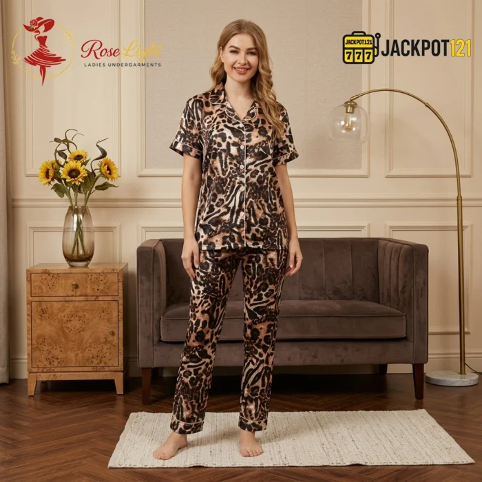 Cheeta Print Button Up Pajama Set Sleepwear – Luxury Satin Lounge Set - Image 8