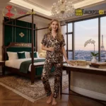 Cheeta Print Button Up Pajama Set Sleepwear – Luxury Satin Lounge Set - Image 9