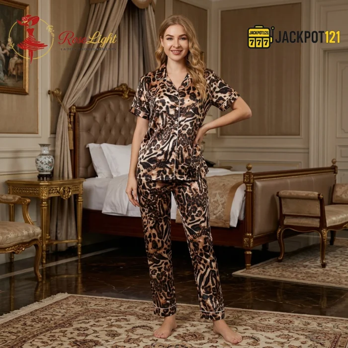Cheeta Print Button Up Pajama Set Sleepwear – Luxury Satin Lounge Set - Image 10