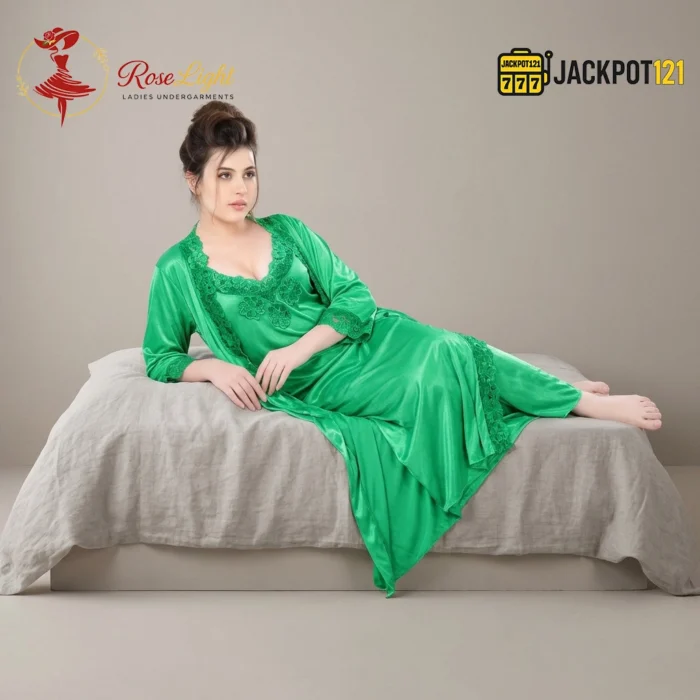 Satin Silk 2-Pcs Long Nightwear Lingerie - Image 4