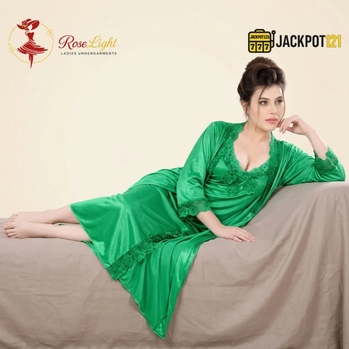 Satin Silk 2-Pcs Long Nightwear Lingerie - Image 5