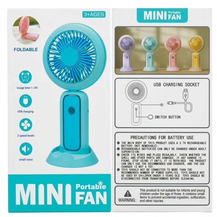 JL-8832 Rechargeable Portable Mini Fan with LED Light – Type-C USB, 3 Speed Quiet Cooling Fan - Image 6