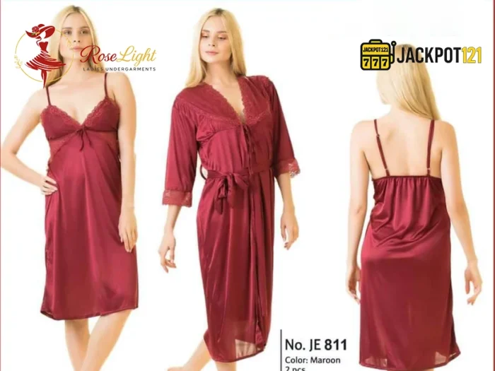 Ladies Floral Design Satin Silk 2-Pcs Long Nightwear Lingerie – Elegant Robe Set - Image 2