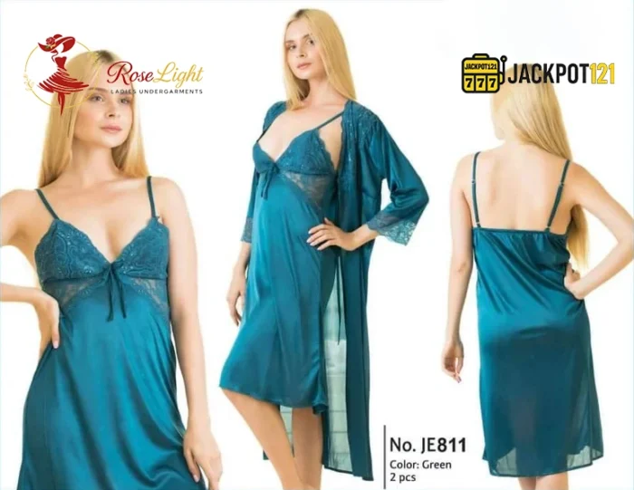 Ladies Floral Design Satin Silk 2-Pcs Long Nightwear Lingerie – Elegant Robe Set - Image 3