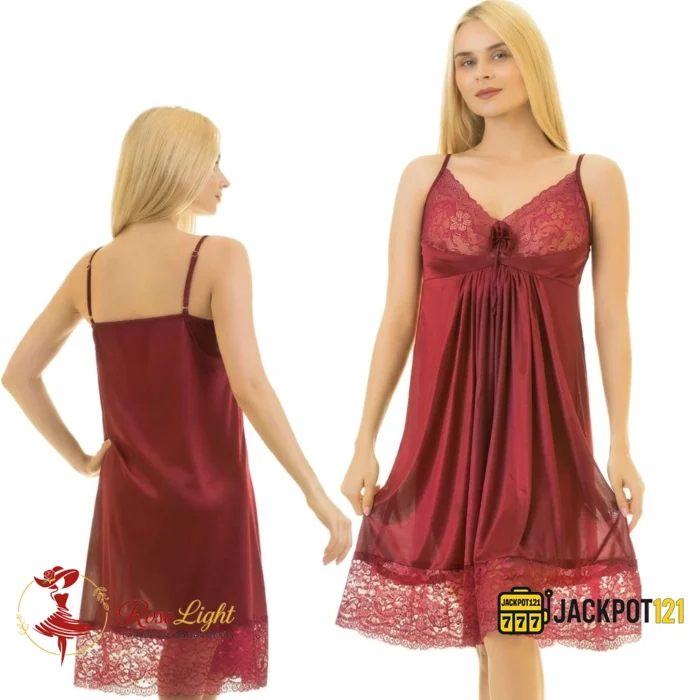 Ladies Satin Silk Trim Lace Design Comfy Nightgown Lingerie - Image 2