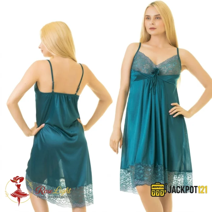 Ladies Satin Silk Trim Lace Design Comfy Nightgown Lingerie - Image 3