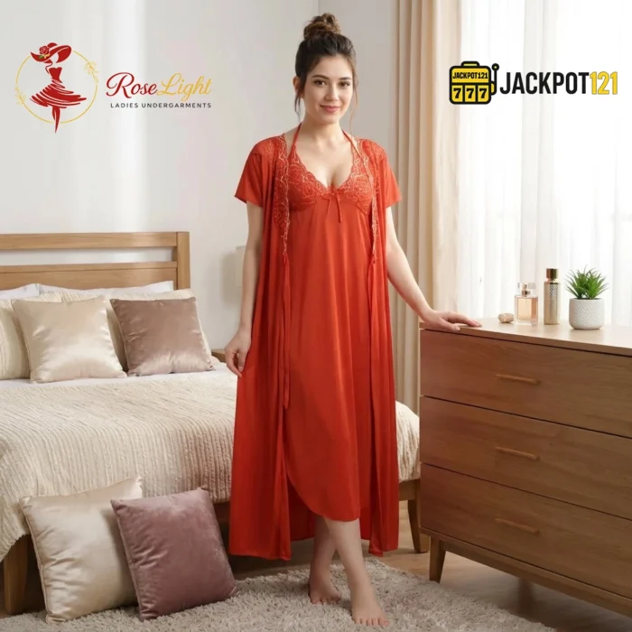 Elegant 2-Pcs Long Satin Silk Lingerie – Luxury Lace Embroidered Nightwear Set - Image 2