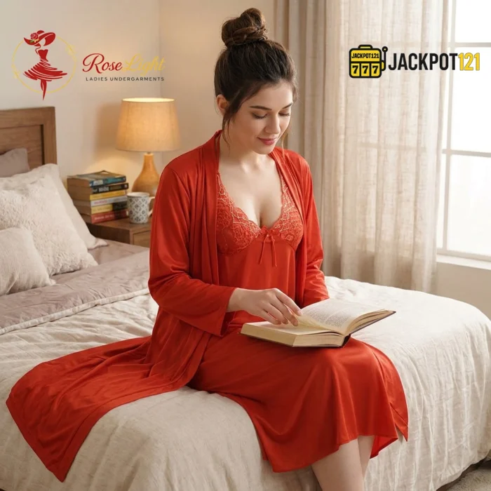 Elegant 2-Pcs Long Satin Silk Lingerie – Luxury Lace Embroidered Nightwear Set - Image 4
