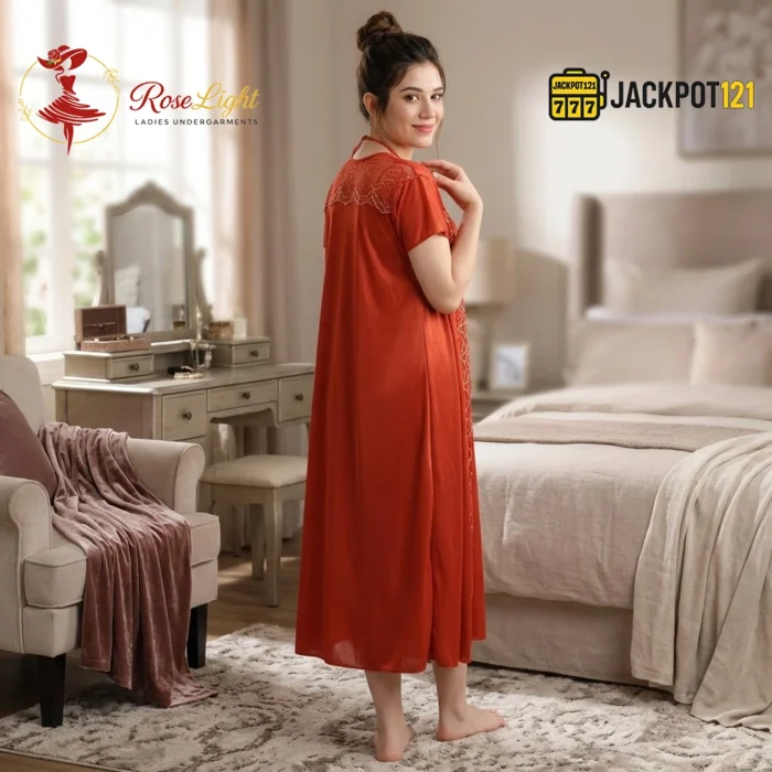 Elegant 2-Pcs Long Satin Silk Lingerie – Luxury Lace Embroidered Nightwear Set - Image 7
