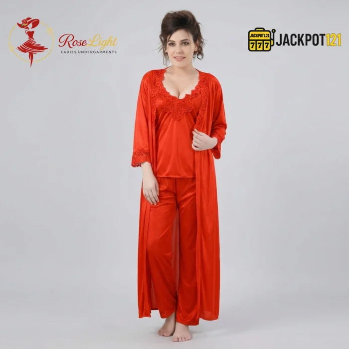 Satin Silk 2-Pcs Long Nightwear Lingerie - Image 8