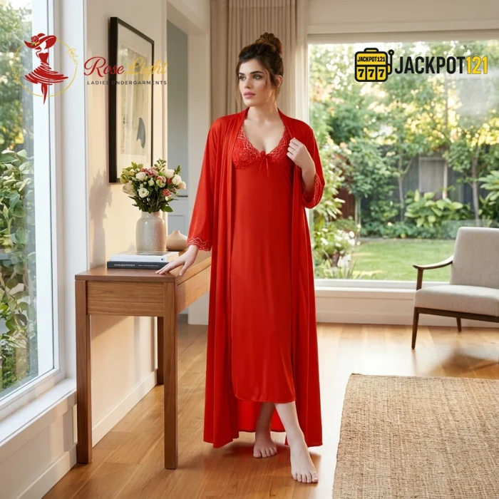 Elegant 2-Pcs Long Satin Silk Lingerie – Luxury Lace Embroidered Nightwear Set - Image 10