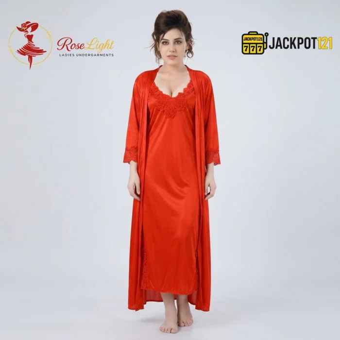 Satin Silk 2-Pcs Long Nightwear Lingerie - Image 9