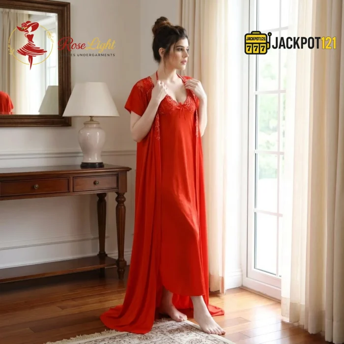 Elegant 2-Pcs Long Satin Silk Lingerie – Luxury Lace Embroidered Nightwear Set - Image 11