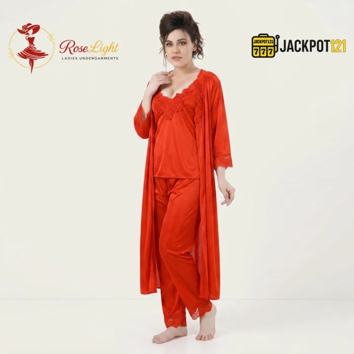 Satin Silk 2-Pcs Long Nightwear Lingerie - Image 10