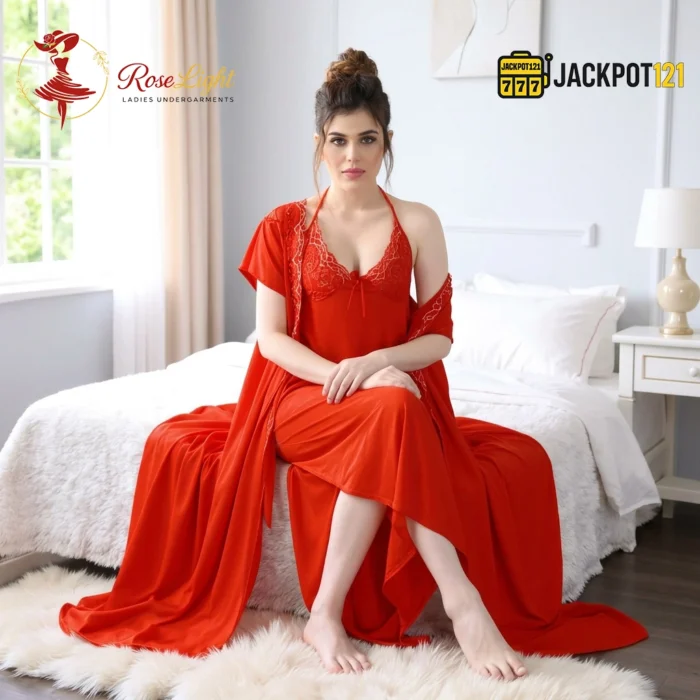 Elegant 2-Pcs Long Satin Silk Lingerie – Luxury Lace Embroidered Nightwear Set - Image 13
