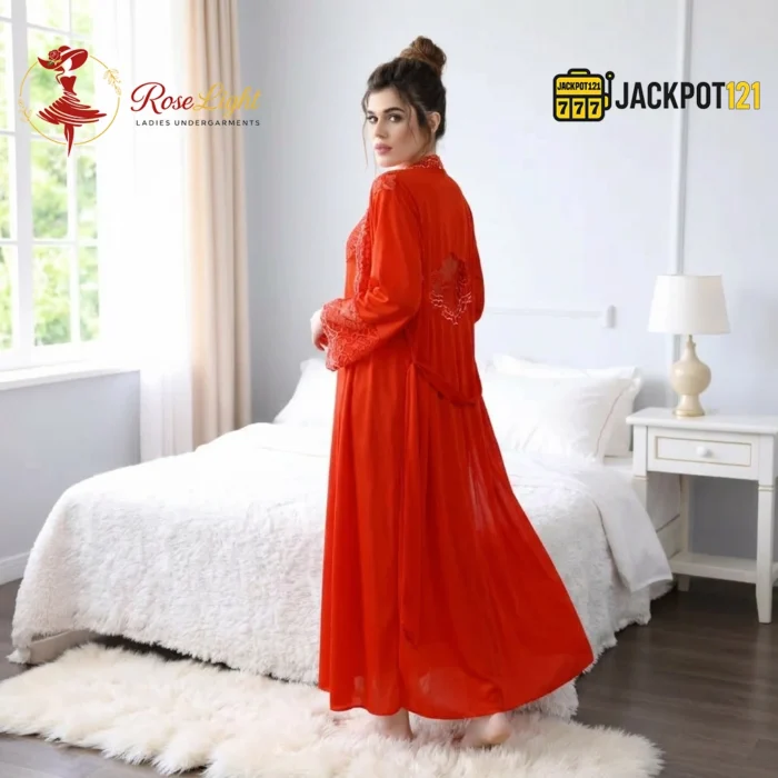 Elegant 2-Pcs Long Satin Silk Lingerie – Luxury Lace Embroidered Nightwear Set - Image 14