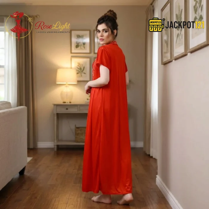 Elegant 2-Pcs Long Satin Silk Lingerie – Luxury Lace Embroidered Nightwear Set - Image 15