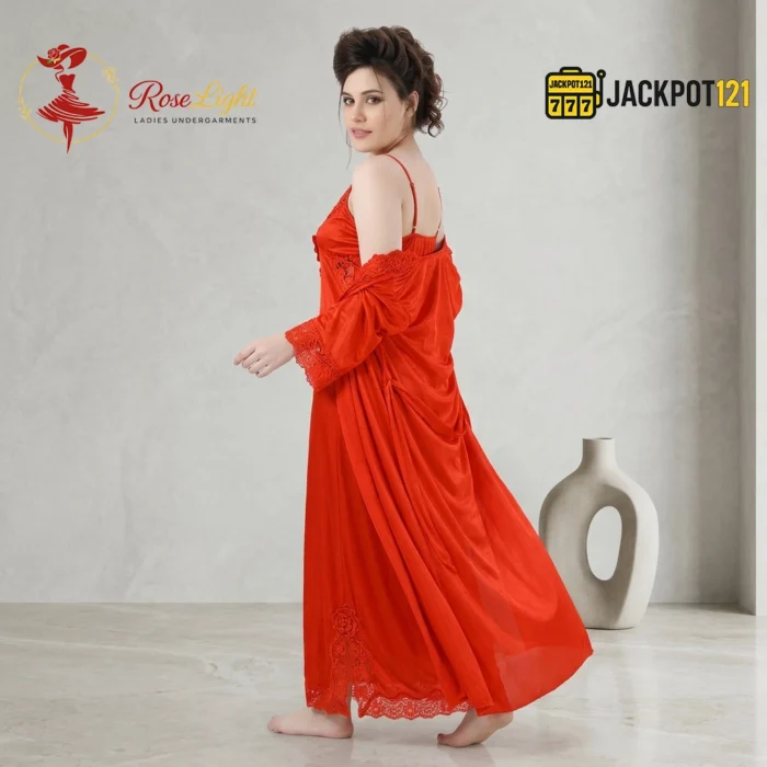 Satin Silk 2-Pcs Long Nightwear Lingerie - Image 14