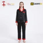 Satin V-Neck Elegance with Notched Collar – Luxury Button Down Pajama Set